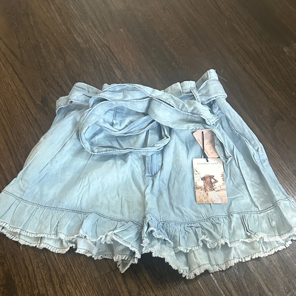 Sincerely Jules Sky Blue Ruffled High Waist Shorts